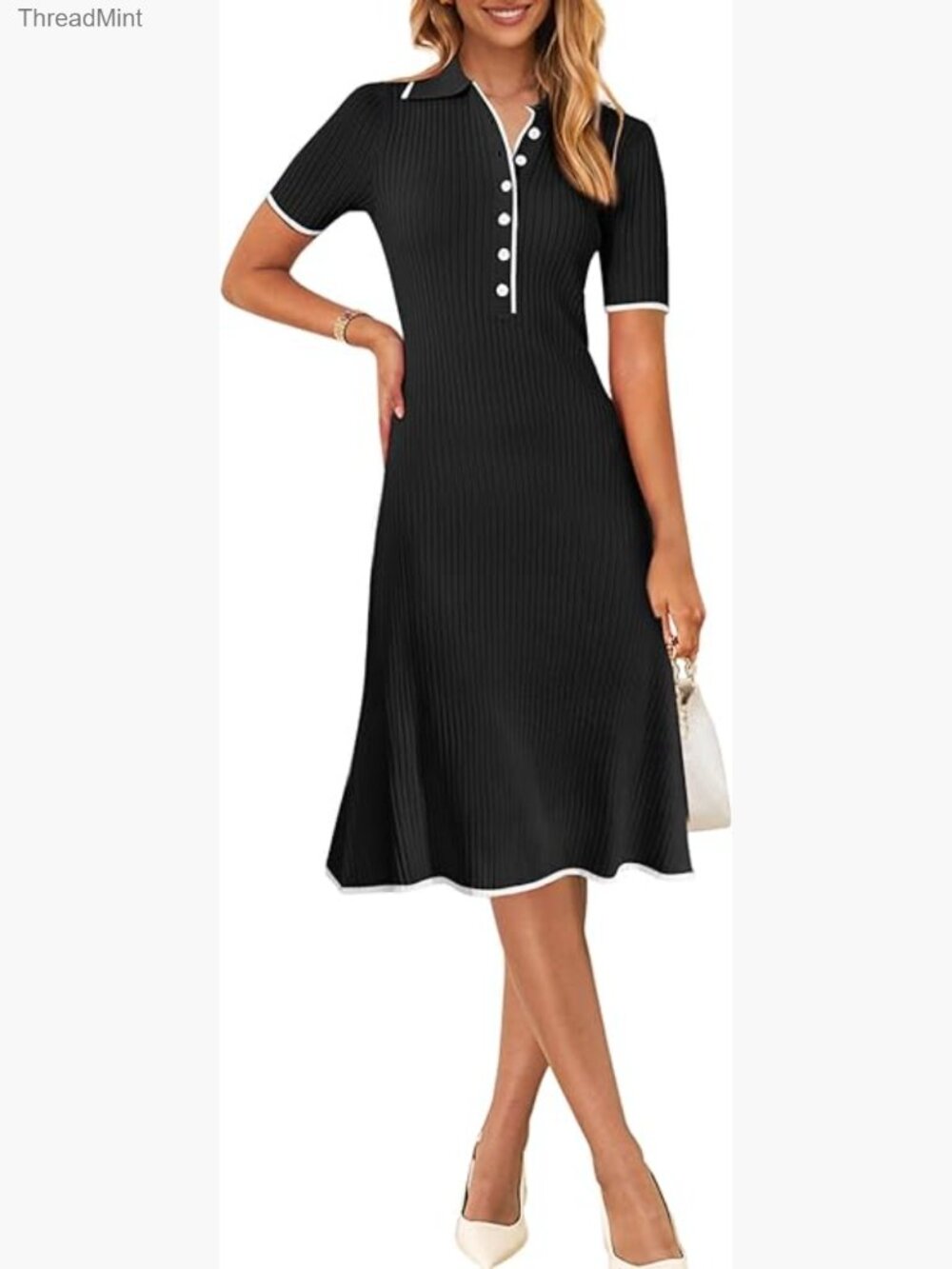 Women's Ribbed Midi Dress Short Sleeve V Neck Button Bodycon Knit Business